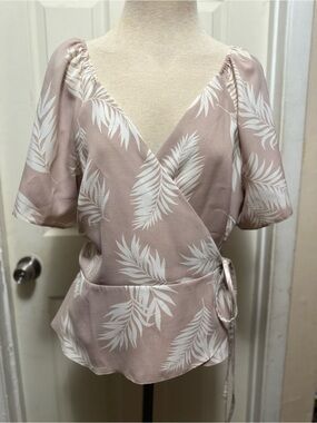 Primark Tropical Palm Leaf Faux Wrap Blouse Mauve White - Size USA 16